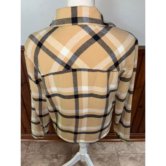 Womens Lucky Brand Gold Yellow Plaid‎ Flannel Sherpa Long Sleeve Shacket Small - Picture 3 of 9